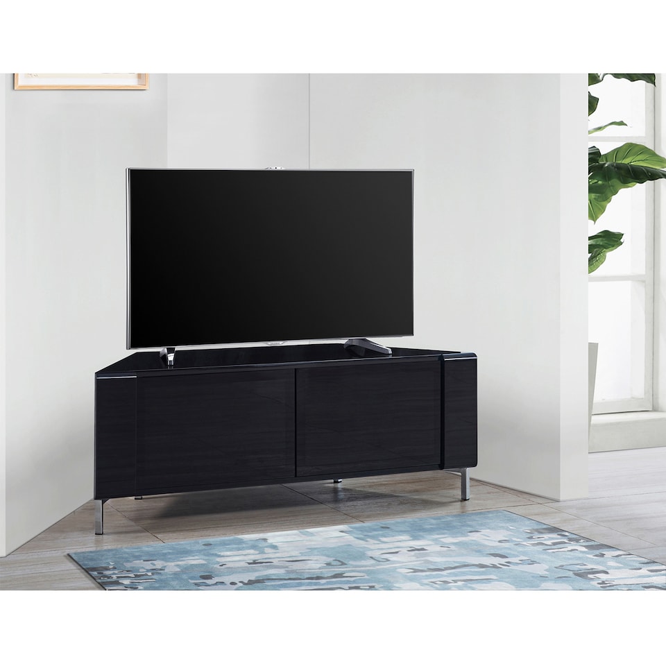 image 1 of MDA Designs CORVUS Corner-Friendly Gloss Black Contemporary Cabinet with BeamThru Glass Doors Modern Space-Saving Stand for Flat Screen TVs up to 50 Inch | Black | 1