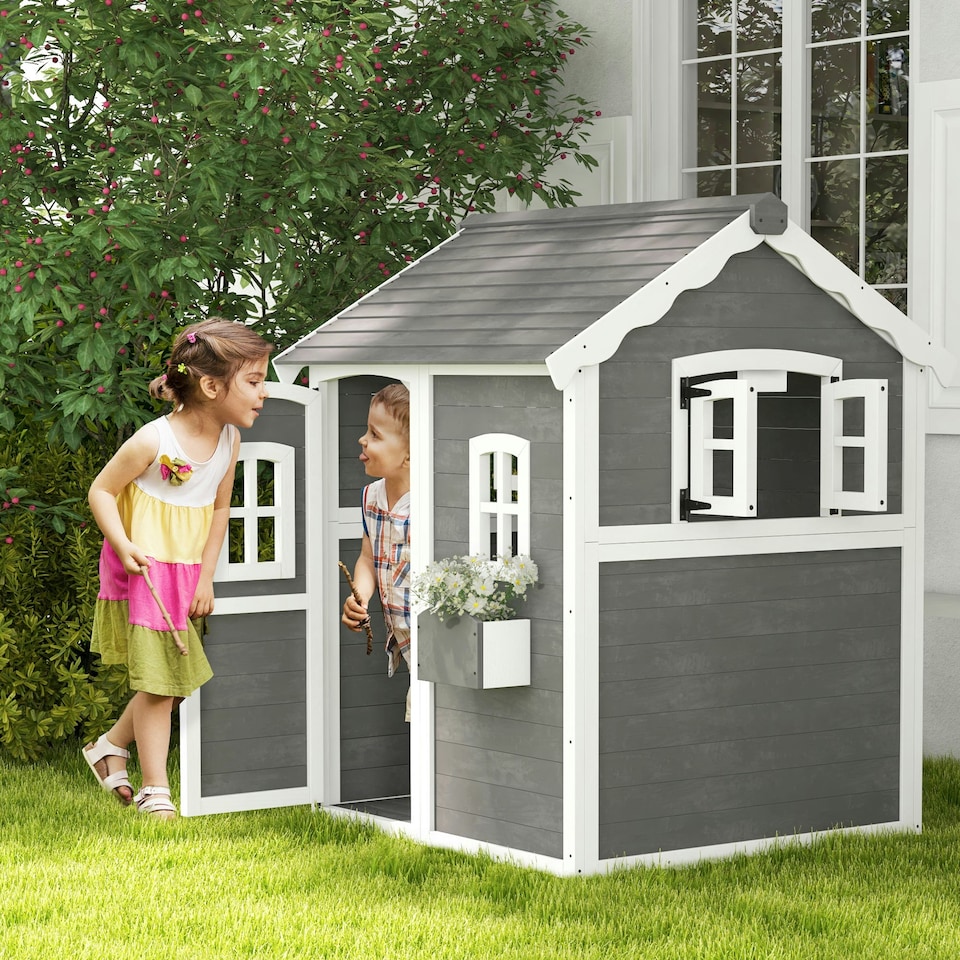 image 1 of Outsunny Wooden Wendy House for Kids with Floor, for Gardens, Patios - Grey