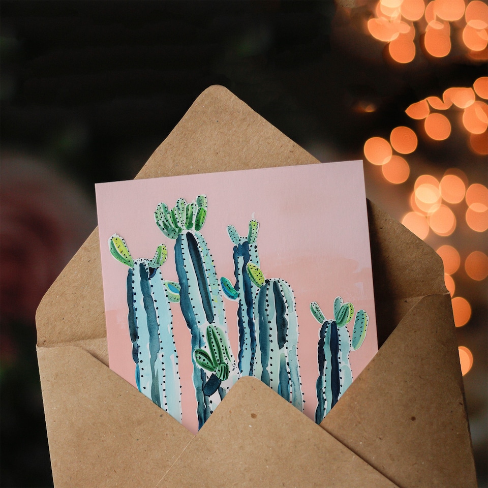 image 1 of Greeting Card Desert Cactus Pastel Colour Pink Teal Watercolour
