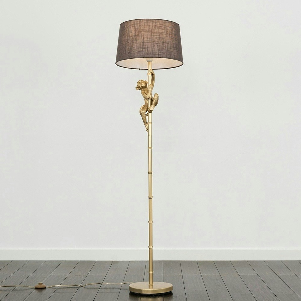 image 1 of ValueLights Hanging Monkey Animal Quirky Modern Gold Floor Lamp With Grey Shade