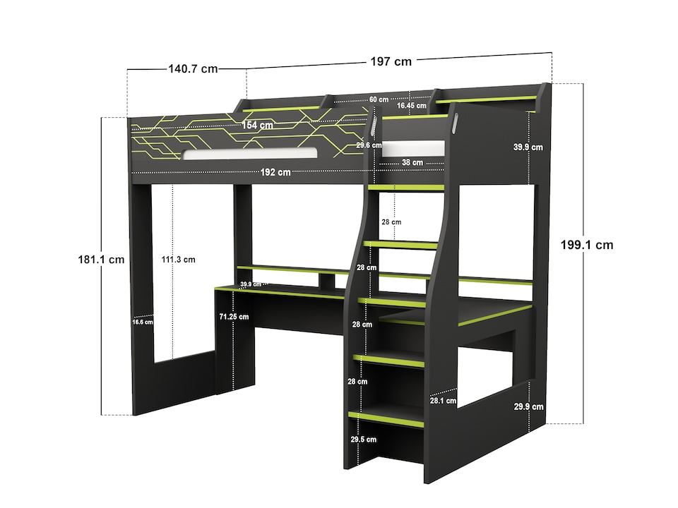 image 1 of Recoil Ultimate Vivid Gaming High Sleeper with Desk Charcoal & Green Small Double