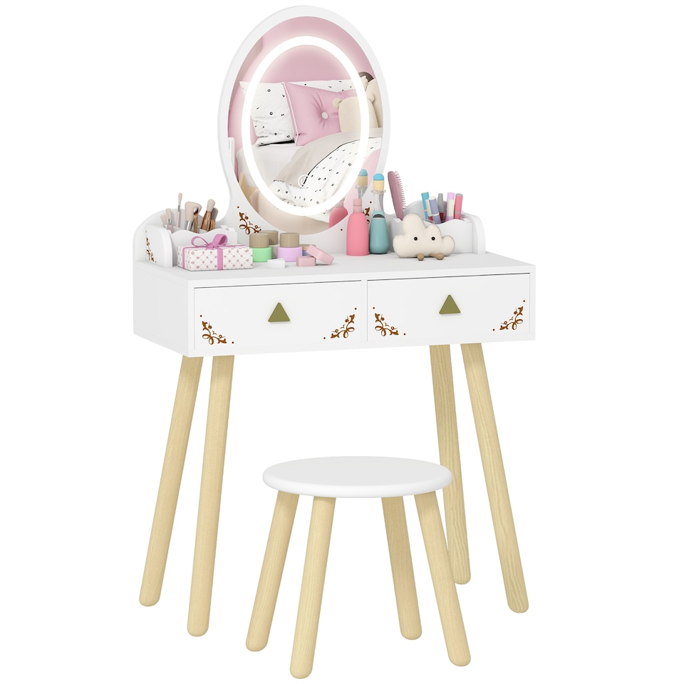 image 1 of AIYAPLAY Kids Vanity Table and Chair Set, 2 in 1 Children Dressing Table with 3-Colour LED Lights Mirror, Drawer, Storage Boxes, Girls Makeup Desk Set for 3+ Years, for Playroom, Bedroom, White