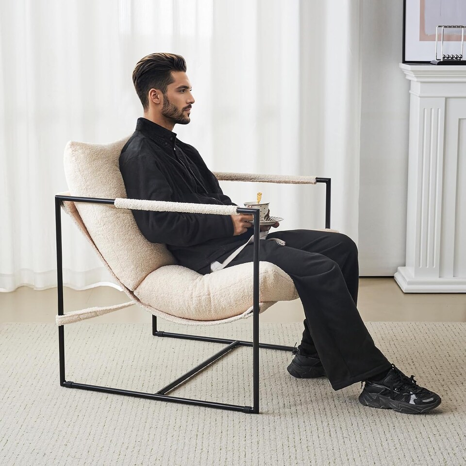 image 1 of Boucle Fabric Lounge Chair with Metal Frame Upholstered Accent chair Luca White