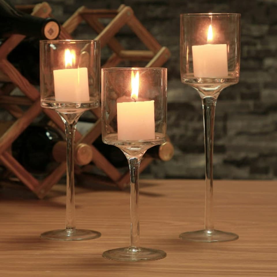 image 1 of Living and Home Set of 3 Glass Candlestick Holders Table Centrepiece