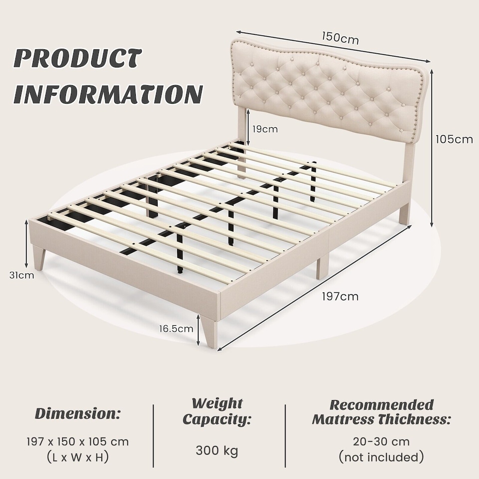 image 1 of COSTWAY Double Linen Upholstered Platform Bed Frame Cream