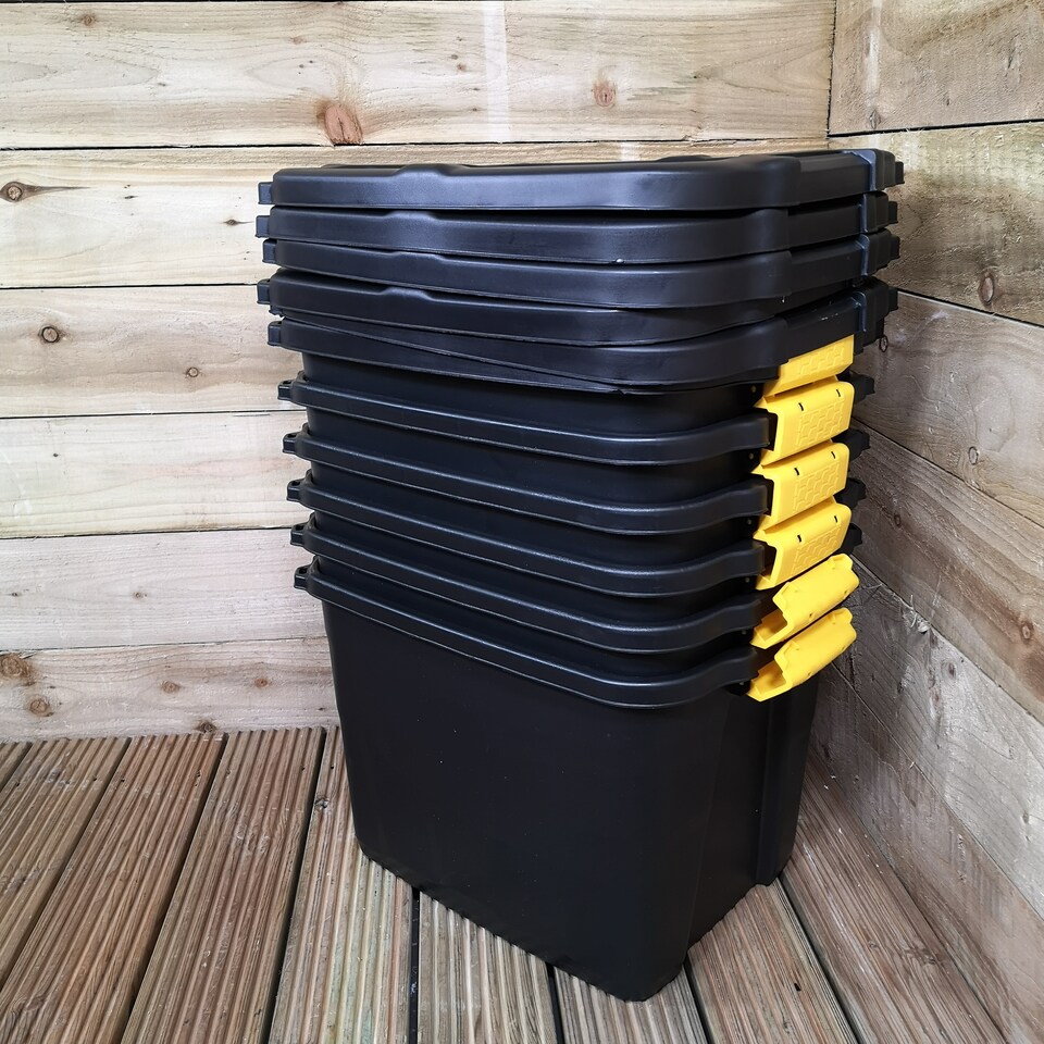 image 1 of 6 x 42L Heavy Duty Storage Tubs Sturdy, Lockable, Stackable and Nestable Design Storage Chests with Clips in Black