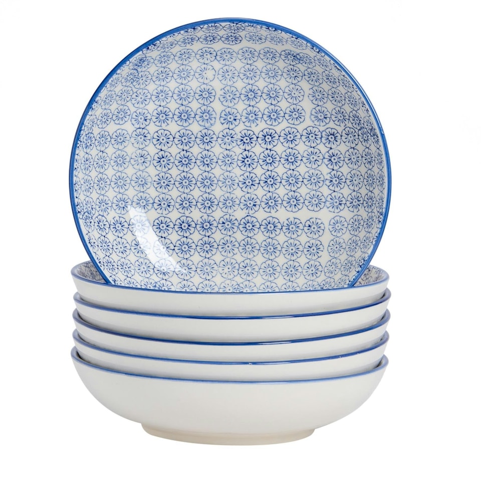 image 1 of Nicola Spring Hand-Printed Pasta Bowls - 22cm - Navy - Pack of 6 Blue