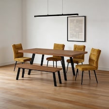 6-Piece Dining Set, Expandable Dining Table with 4 Brown Padded Chairs+Bench