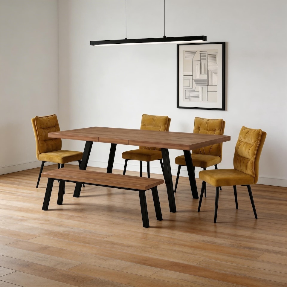 image 1 of 6-Piece Dining Set, Expandable Dining Table with 4 Brown Padded Chairs+Bench