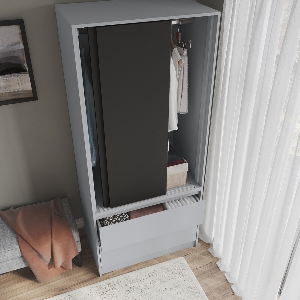 image 1 of URBNLIVING 2 Sliding Door Wardrobe With 2 Drawers And Hanging Rail | Grey | Black Doors | 1