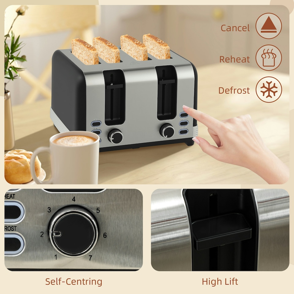 image 1 of HOMCOM 1.7L 3000W Quick Boil Kettle and 4 Slice Toaster Set Crumb Tray Black
