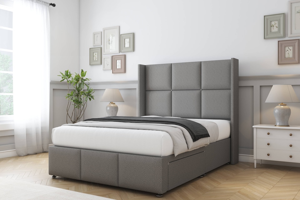 image 1 of Sloomy Beaumont Pewter Dumfries Divan Bed Base No Drawers With 54 Inch Wingback Headboard & 12 Inch Matching Footboard | Grey | Pewter | Double | 1