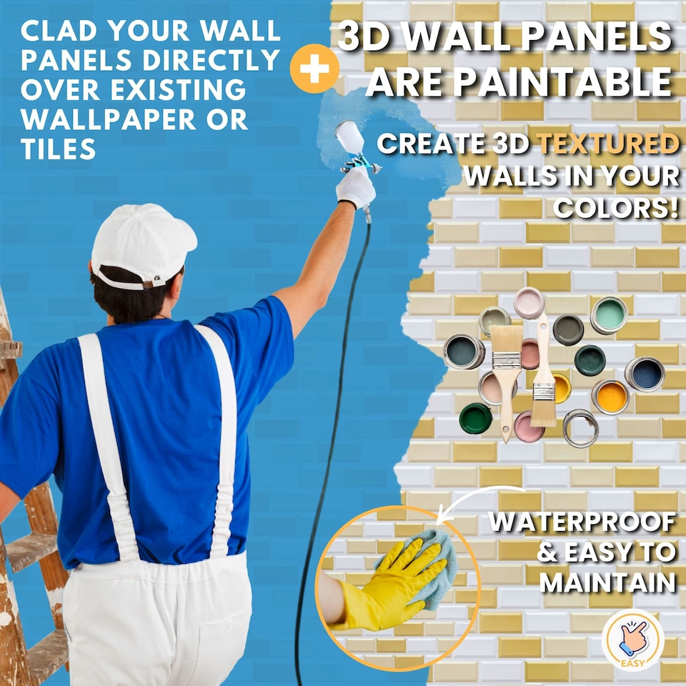 image 1 of NOVECRAFTO 3D Wall Panels – 6 PVC Sheets, Covers 2.76 sqm (29.76 sq ft), 96x48cm Each – White Subway Tile Pattern with Gold and Beige Accents