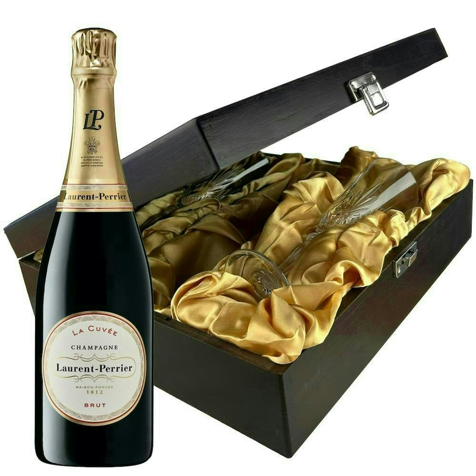 Laurent Perrier La Cuvee Brut Champagne and Flutes in Wooden Hinged Presentation Box 75cl 12 abv