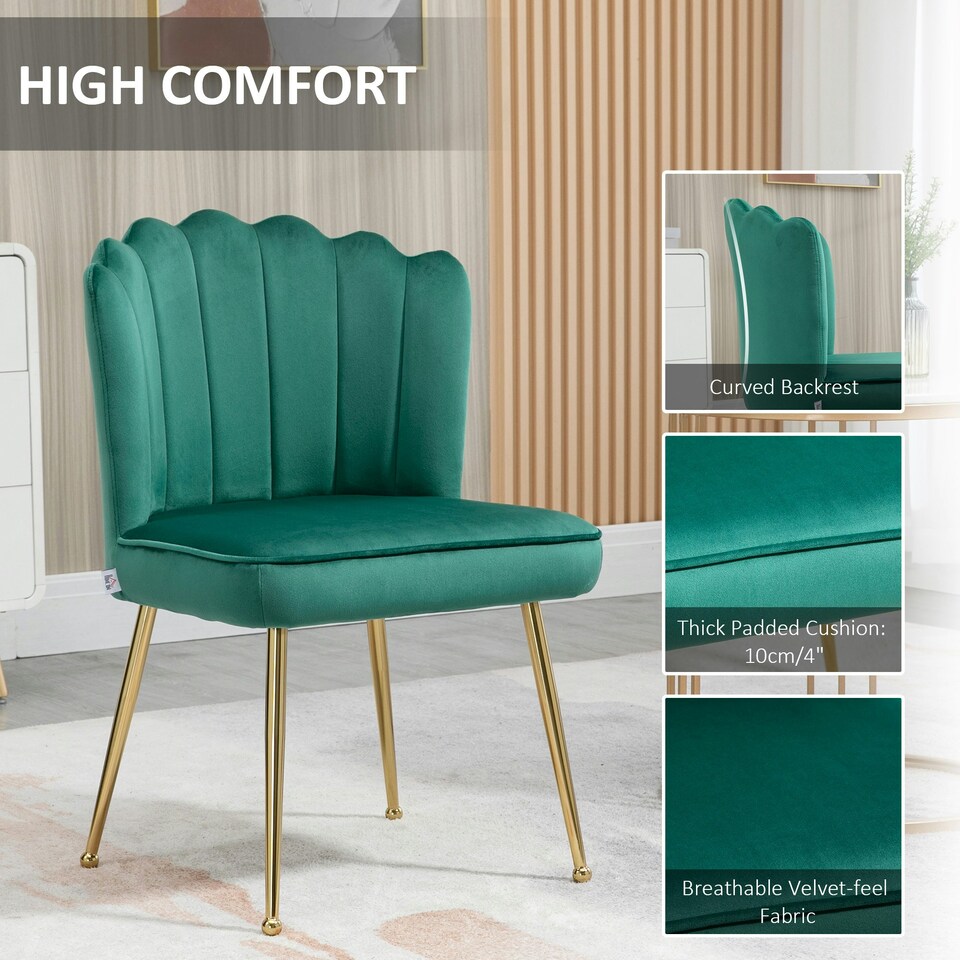image 1 of HOMCOM Velvet-Feel Shell Accent Chair Home Bedroom Lounge Metal Legs Green