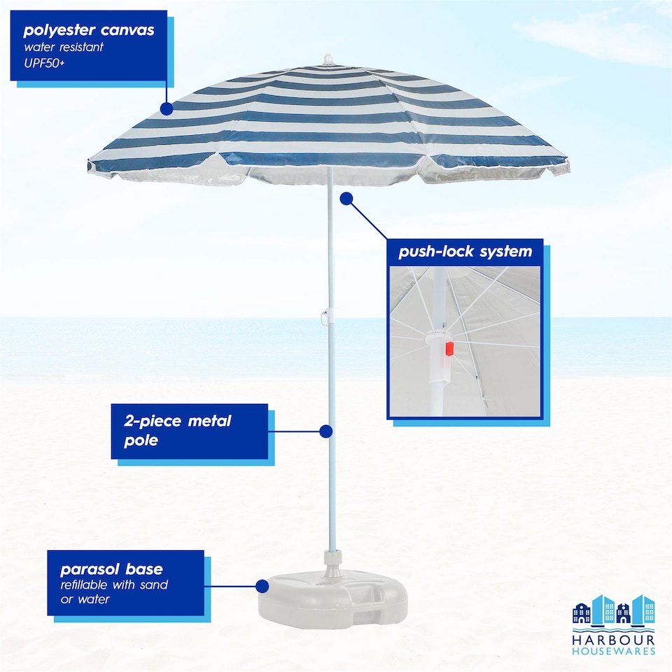 image 1 of Harbour Housewares Metal Beach Parasol with Green Base - 1.8m  - Yellow Stripe