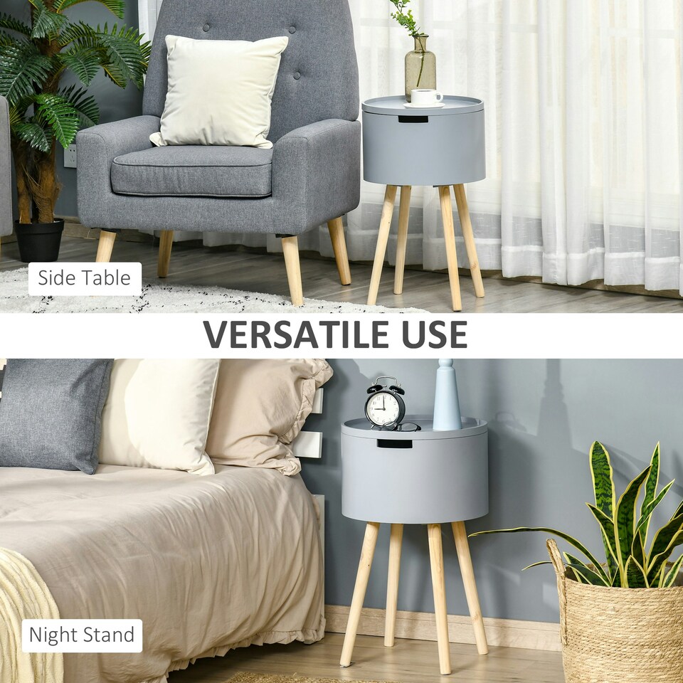 image 1 of Round Side Table Wood Nightstand with Hidden Storage Space Removable Tray Grey