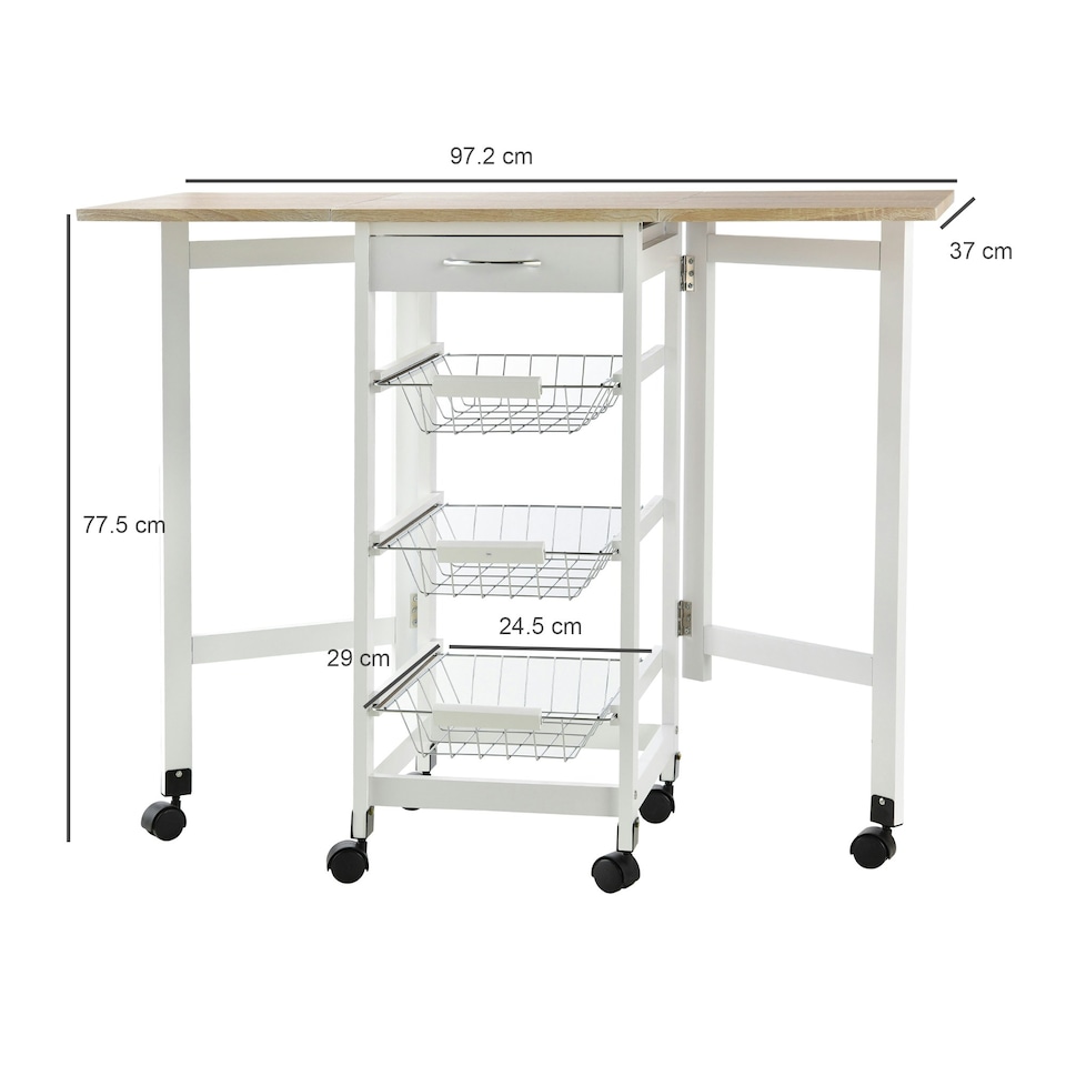image 1 of HOMCOM Drop-Leaf Kitchen Trolley w/ 3 Baskets, Drawer, 6 Wheels, White
