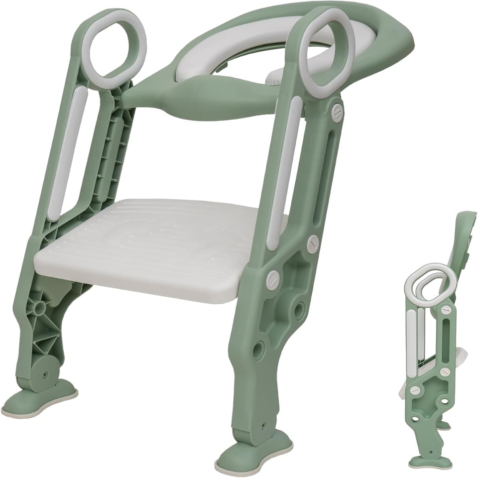 image 1 of Straame Toddler Toilet Ladder Seat- Portable Children Potty Training Chair (Green - White)