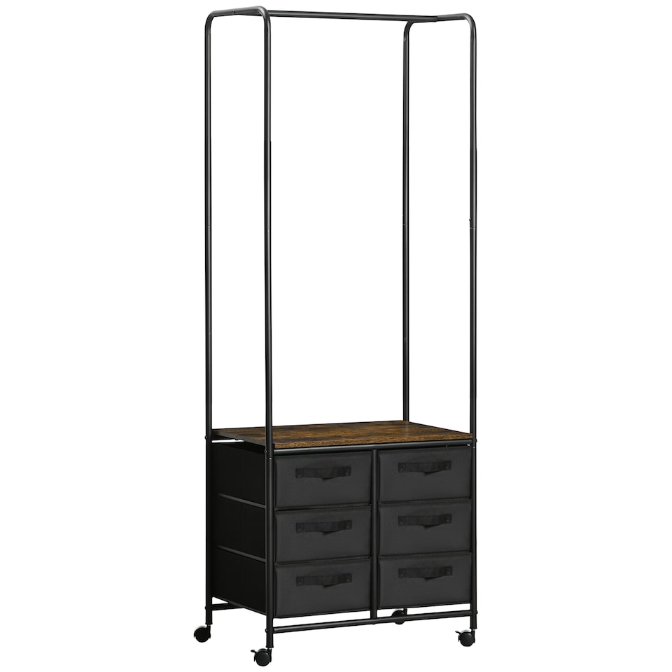 image 1 of HOMCOM Industrial Hanging Clothes Rail, Clothes Rack with 6 Fabric Drawers, Open Wardrobe Organiser for Hallway, Bedroom and Closet, Rustic Brown