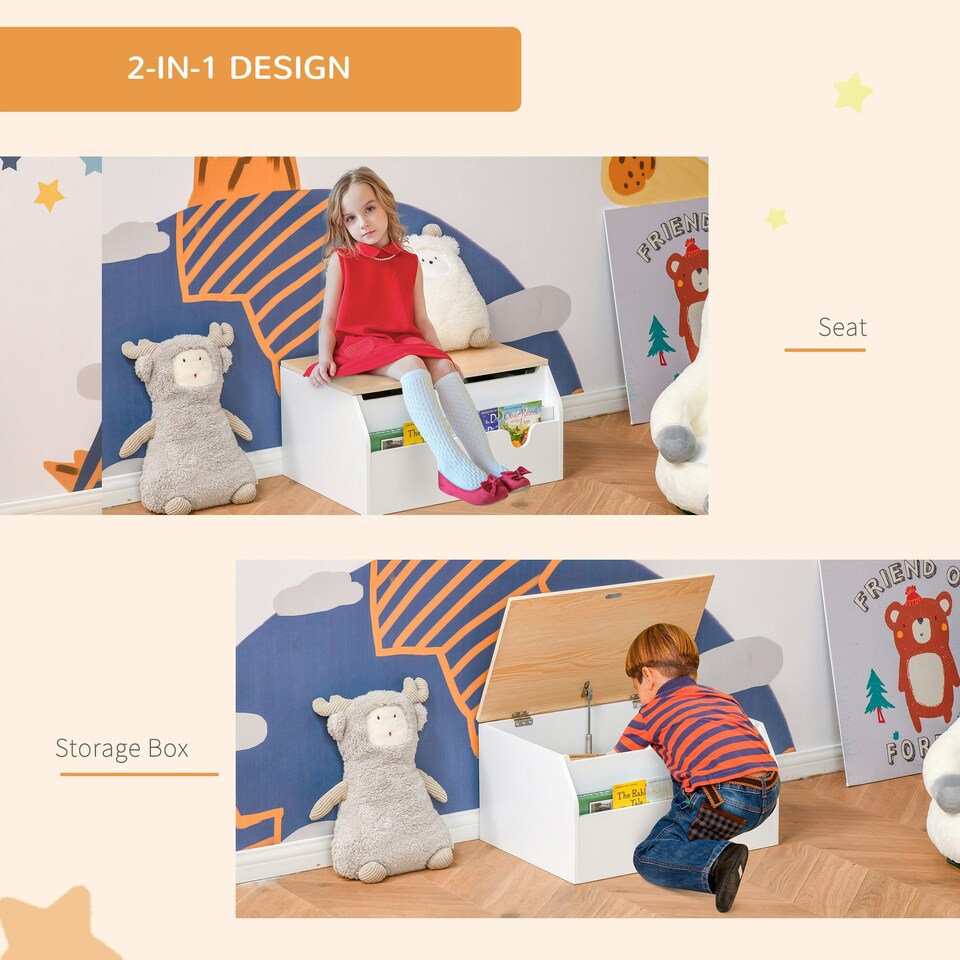 image 1 of HOMCOM Wooden Kids Toy Box Children Storage Chest Organiser Book Slot White