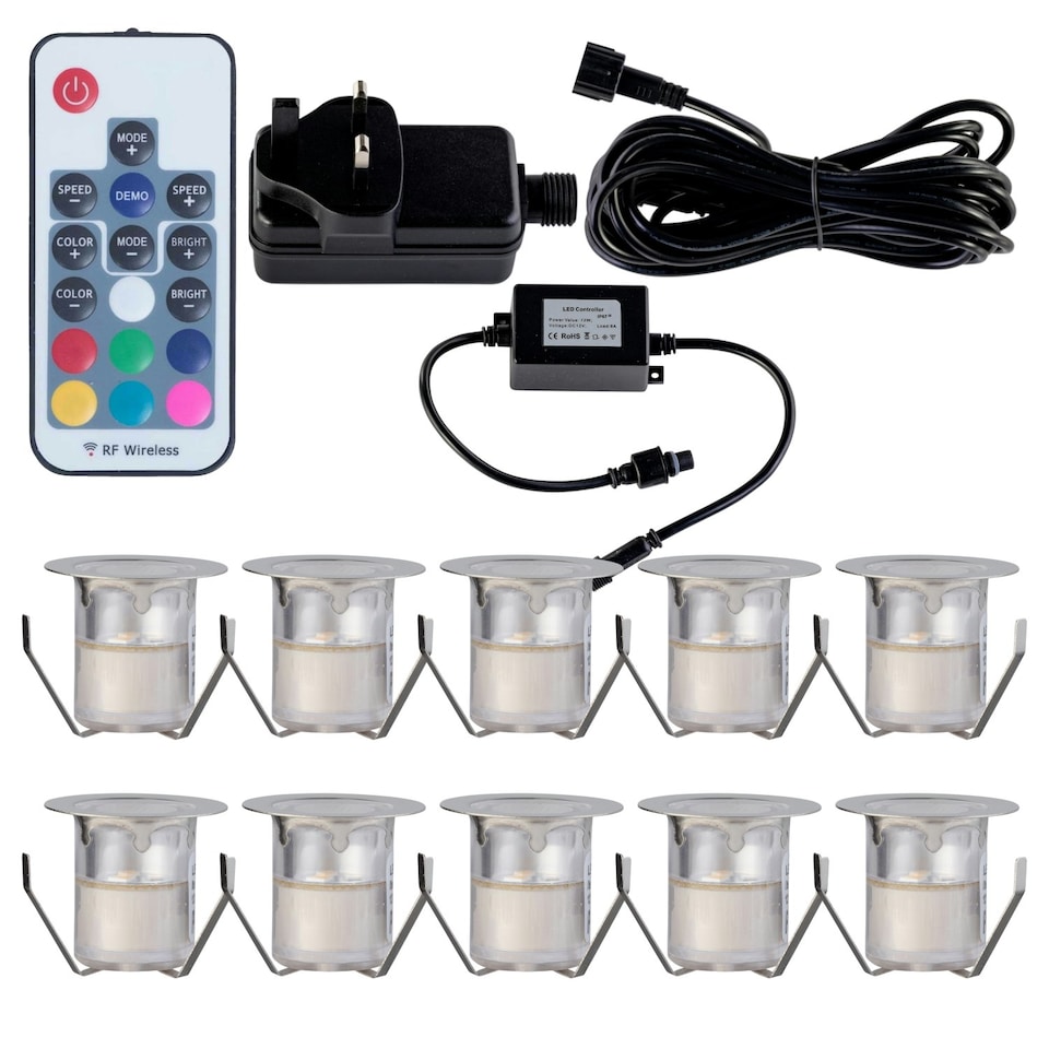 image 1 of Set of 10 - 30mm Stainless Steel IP67 Colour Changing LED Decking Kit Chrome | Clear