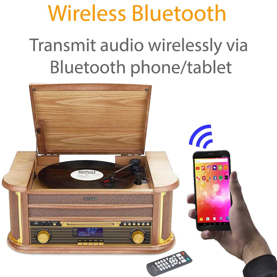 image 1 of Denver 9-in-1 Retro Vintage DAB Bluetooth Wooden Radio Record Player - MRD-51BT | Brown | Light Wood