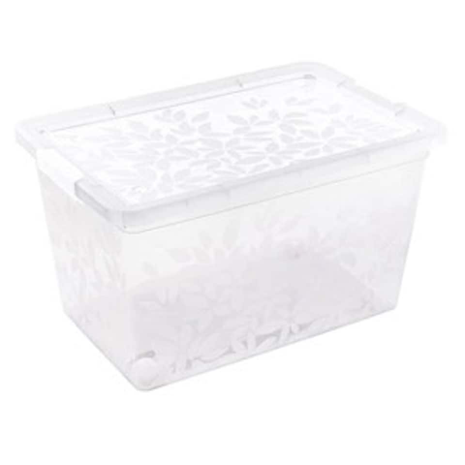 image 1 of Set of 9 55 Litres Elegant Jasmine Leaves Strong Stackable Plastic Storage Boxes Complete With Clip Locked Lids Clear