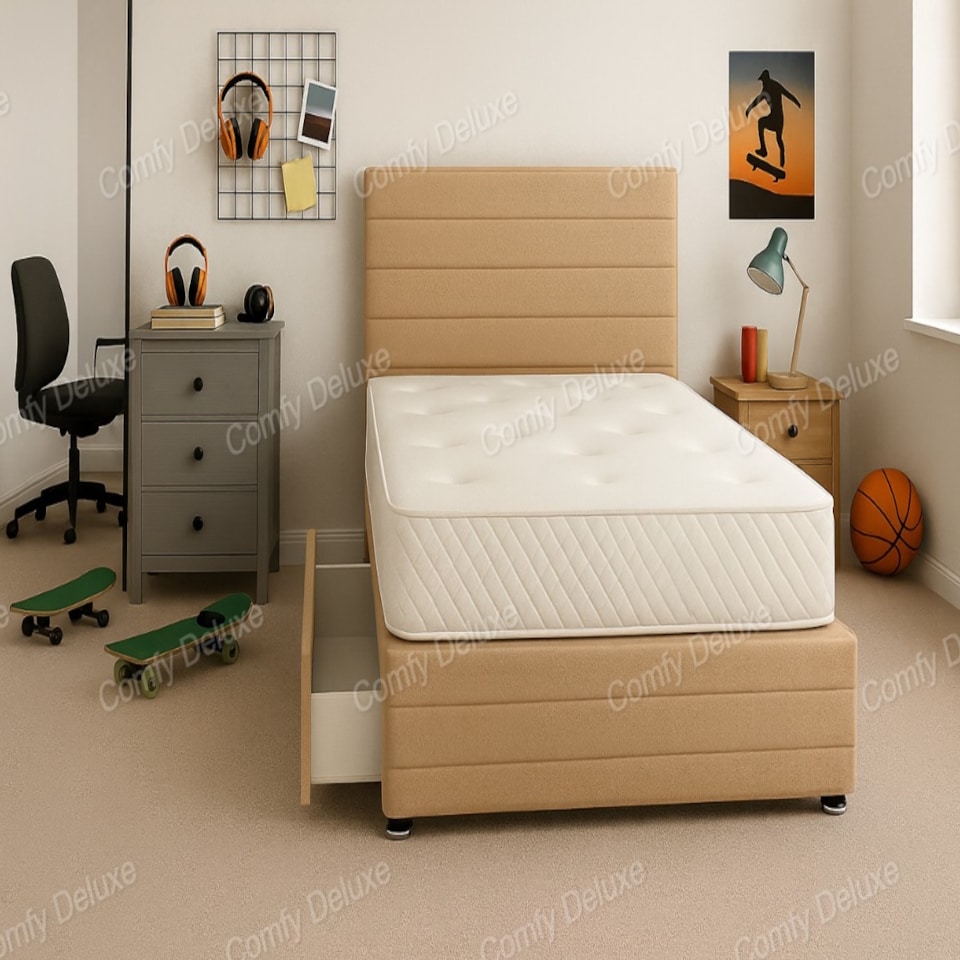 Coffee Jin Plush Lined  3ft Single  Divan Bed Set Headboard & Footboard - No Drawers