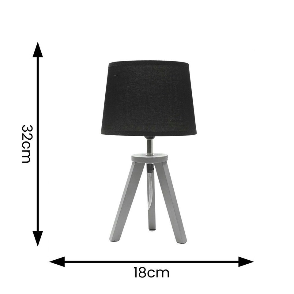 image 1 of ValueLights Jackson Grey Wood Tripod Table Lamp with Black Shade and LED Bulb