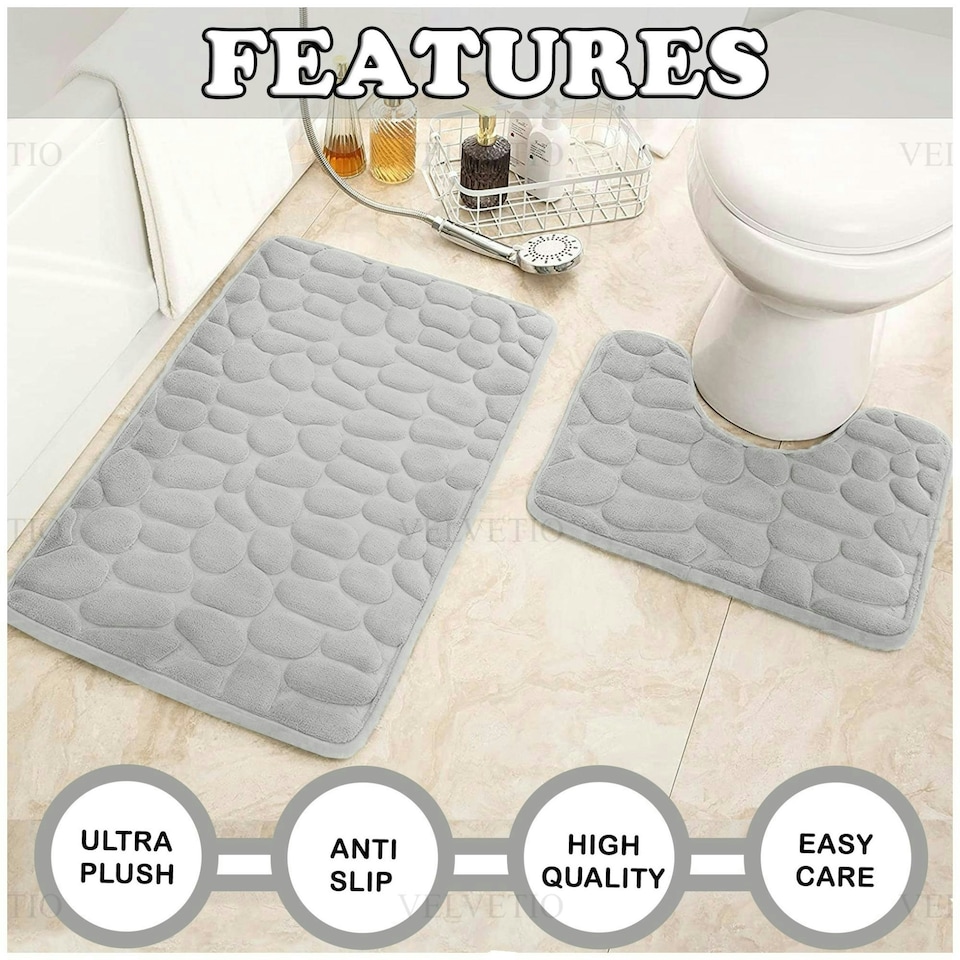 image 1 of VELVETIO 2Pc Pebble Bath Mat Set Memory Foam Bathroom Toilet Rugs Grey