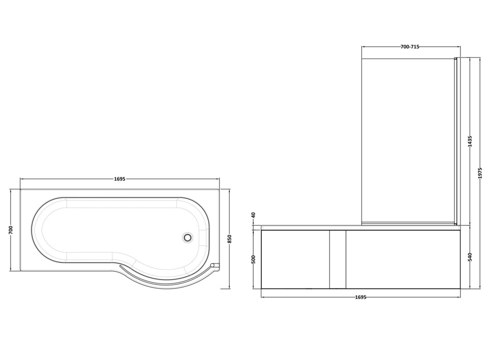 image 1 of 1700 mm Right Hand P Shape Square Shower Bath Screen Front Panel White | White | White | 1700 x 850 x 415mm