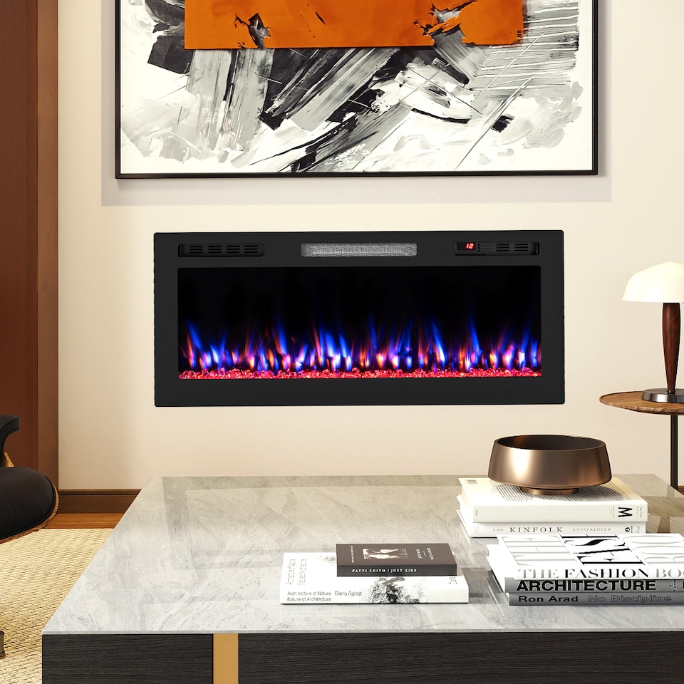 image 1 of COSTWAY 750W/1500W Recessed/Wall-Mounted Fireplace Black