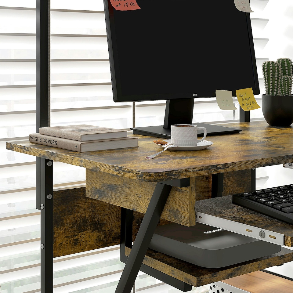 image 1 of HOMCOM Rolling Computer Desk with Keyboard Tray Storage Shelves Rustic Brown