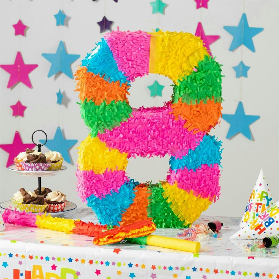 image 1 of Fax Potato Number 8 Pinata Set with Stick & Blindfold - Pink Stick