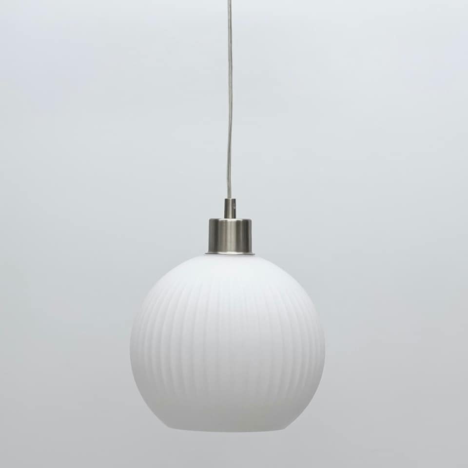 image 1 of First Choice Lighting Betchley White Ribbed Glass Globe with Satin Nickel Pendant Fitting Silver | White