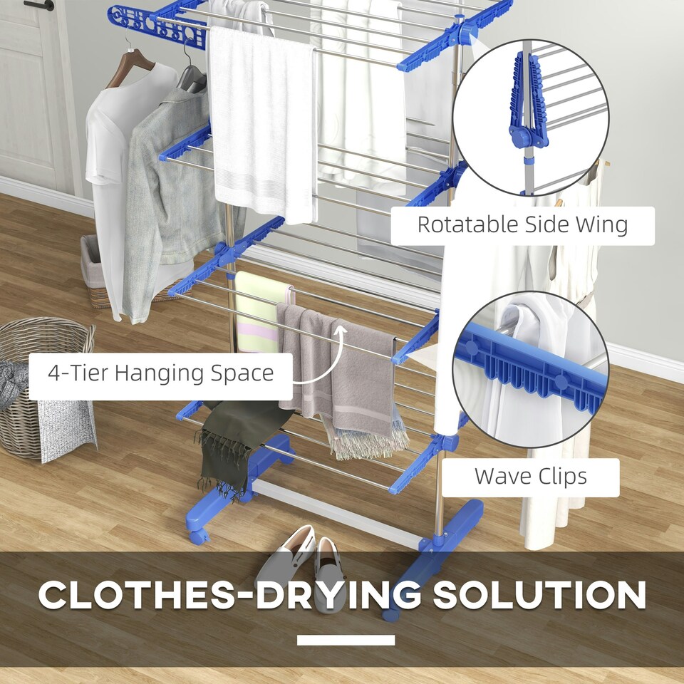 image 1 of HOMCOM 4-Tier Large Clothes Airer Steel Clothes Drying Rack Blue