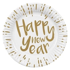 Happy New Year White and Gold Biodegradable Round Paper Plates 23cm - Pack of 10