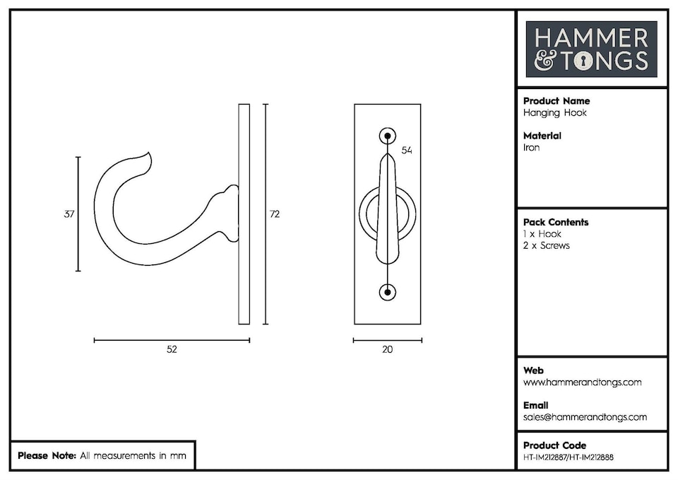 image 1 of Hammer & Tongs Hanging Hook - W20mm x H70mm - Raw