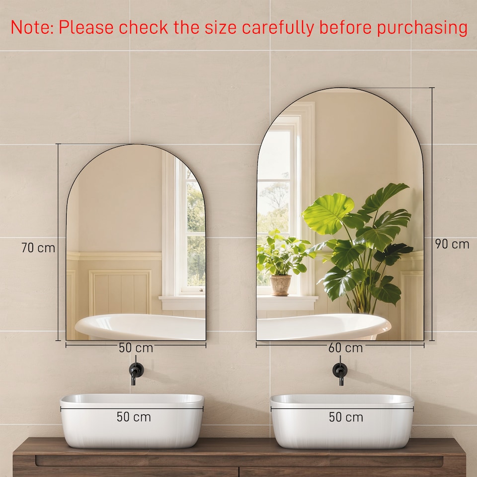 image 1 of HOMCOM Arch Bathroom Mirror, Wall Mirror with Steel Frame, 50 x 70cm, Black