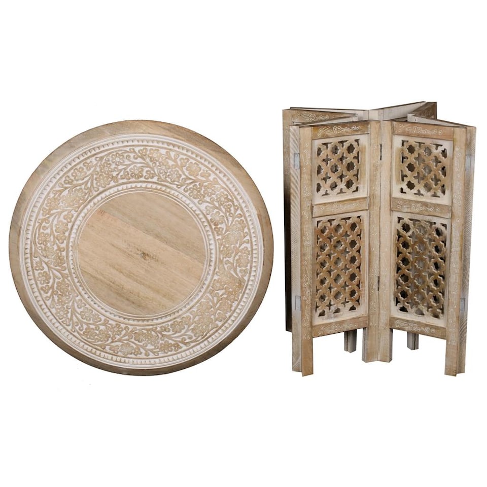 image 1 of Antique Effect Round Carved Wooden Bedside Lamp Table Side End Coffee Table Extra Large 54 x 54 x 54 cm | Yellow | Beige