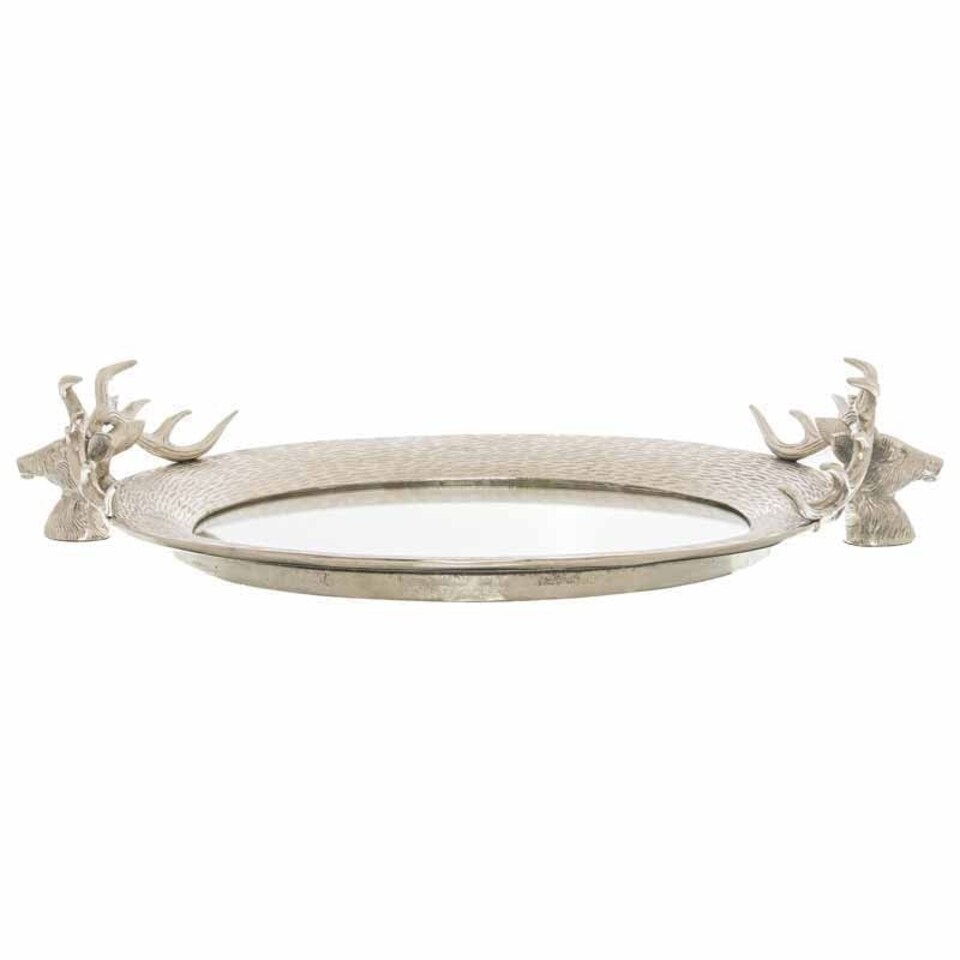 image 1 of Large Mirrored Tray with Stag Heads - Glass/Metal - L35 x W56 x H12 cm - Silver