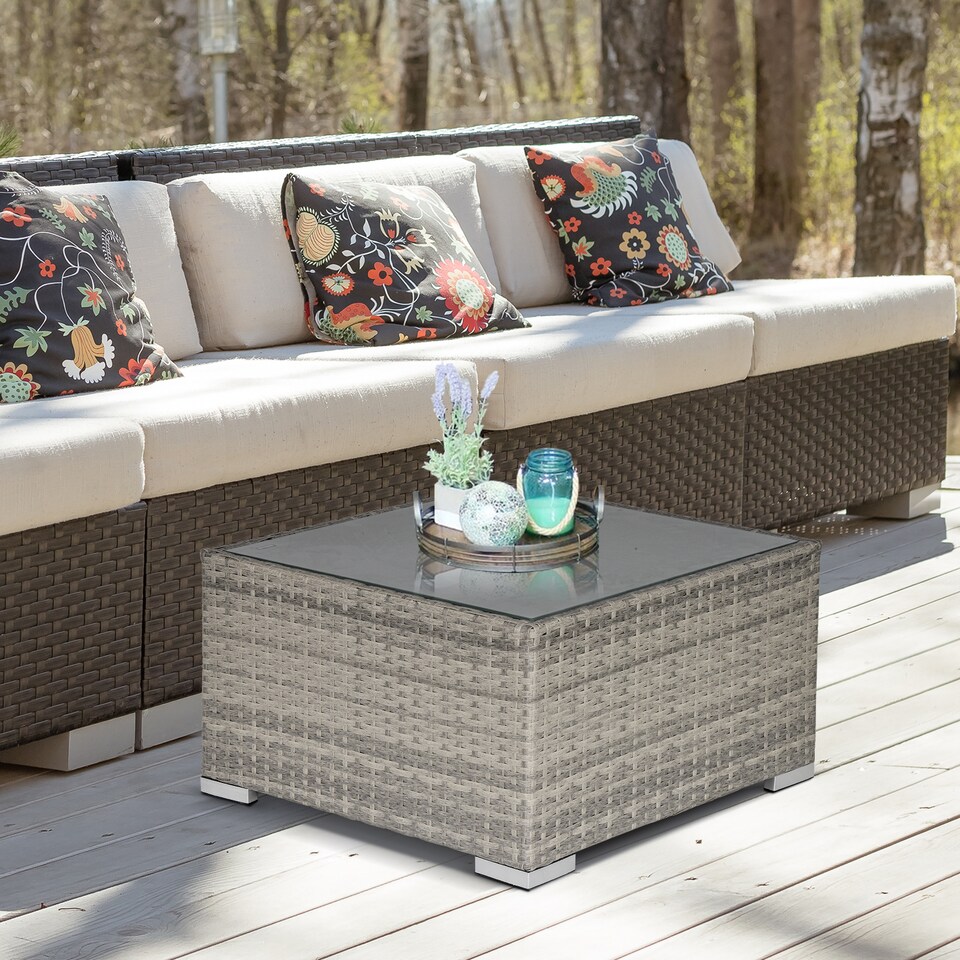 image 1 of Outsunny Rattan Garden Coffee Table, 65 cm Square Garden Rattan Table with Tempered Glass Top, All Weather Wicker Bistro Outdoor Furniture for Patio, Balcony, Porch, Grey