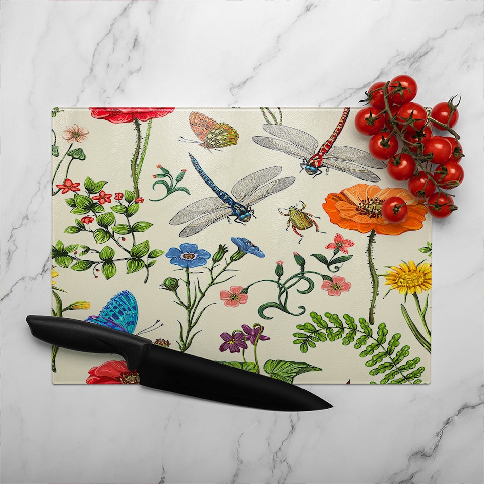 image 1 of Flowers & Insects Glass Chopping Board | Multi