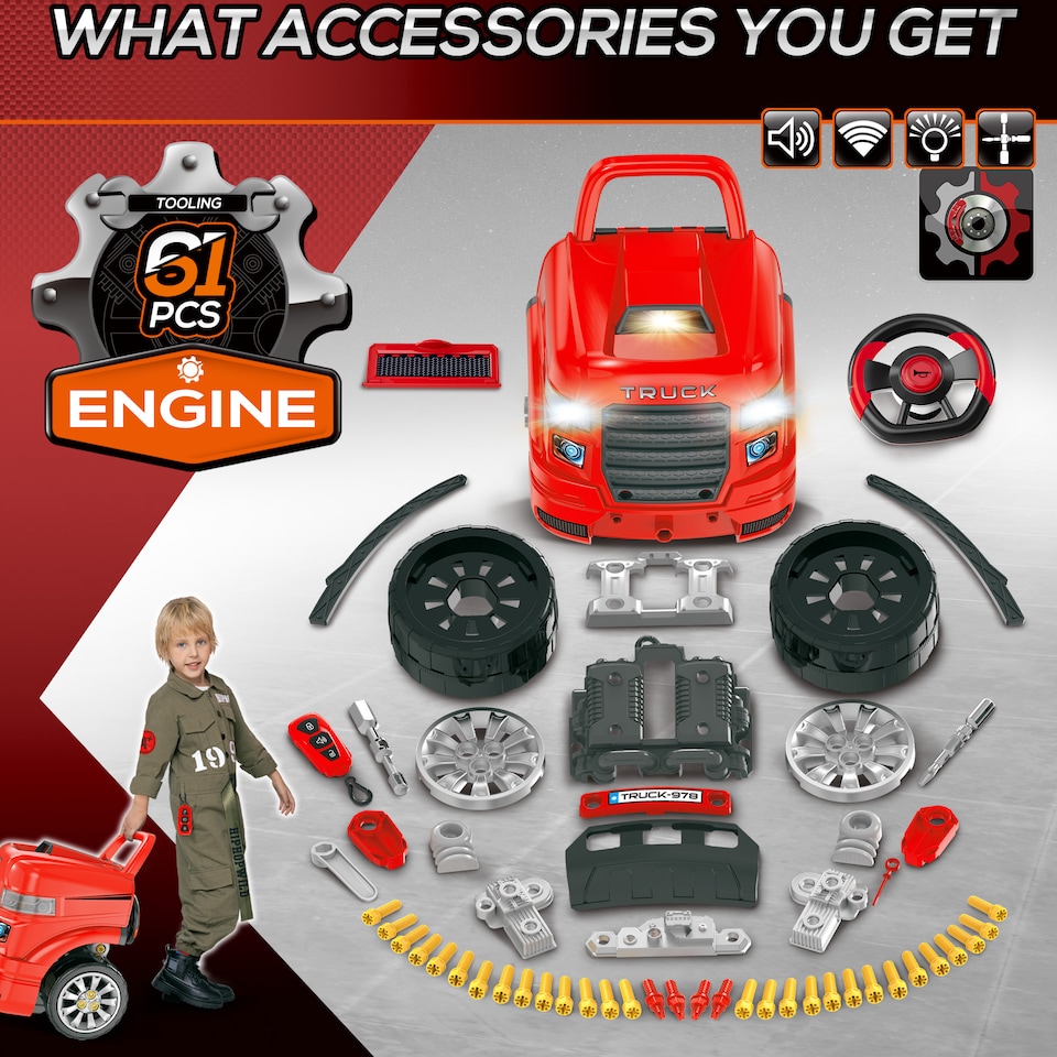 image 1 of HOMCOM Kids Truck Engine Toy Set w/ Horn, Light, Car Key for 3-5 Years Old Red