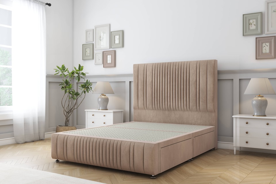 image 1 of Sloomy Kingsley Mink Naples Divan Bed Base No Drawers With 54 Inch Floor Standing Headboard & 12 Inch Matching Footboard | Brown | Mink | King | 1