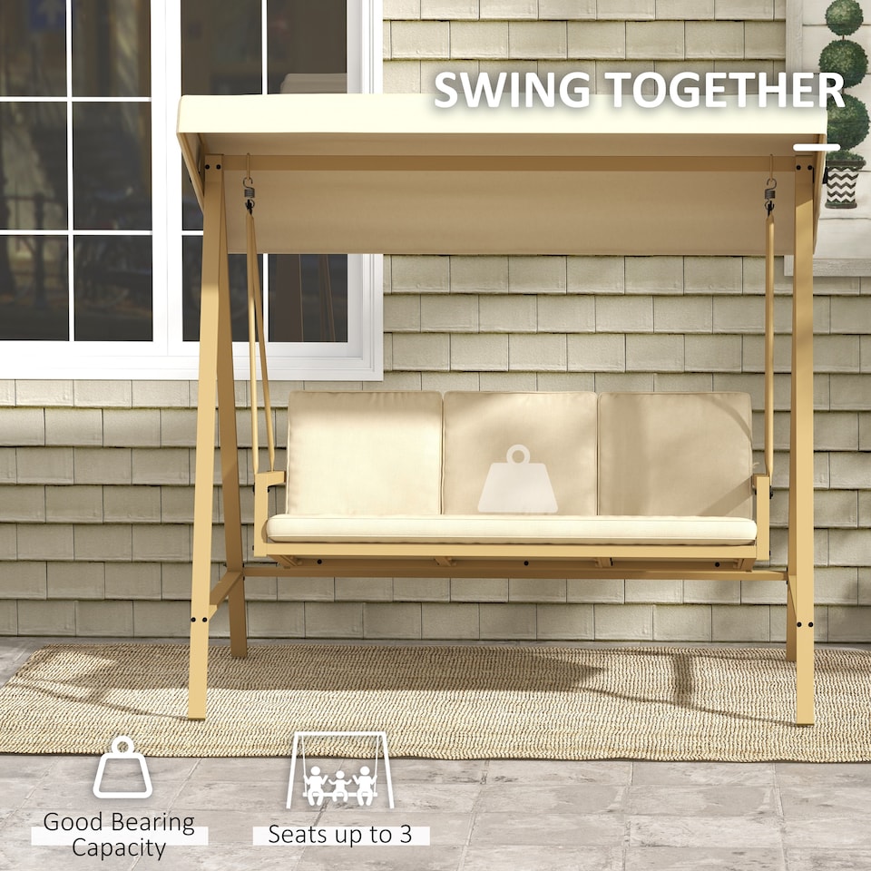 image 1 of Outsunny 3 Seater Garden Swing Chair with Adjustable Canopy and Cushions, Beige | White | Beige