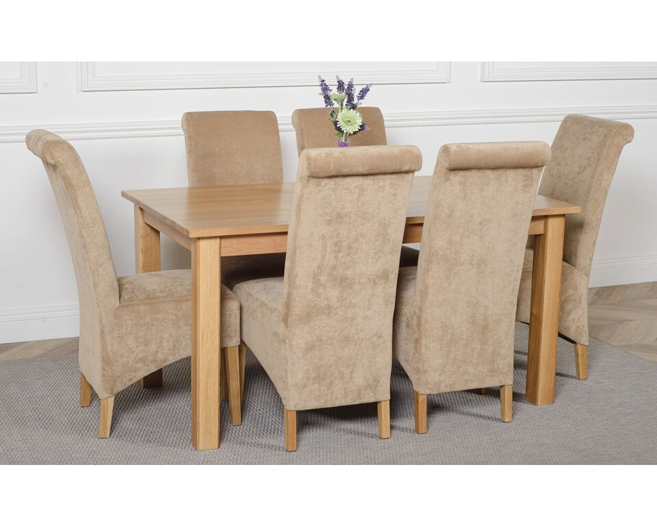 image 1 of Oslo 150 x 90 cm Medium Oak Dining Table and 6 Montana Fabric Chairs | Brown | Beige