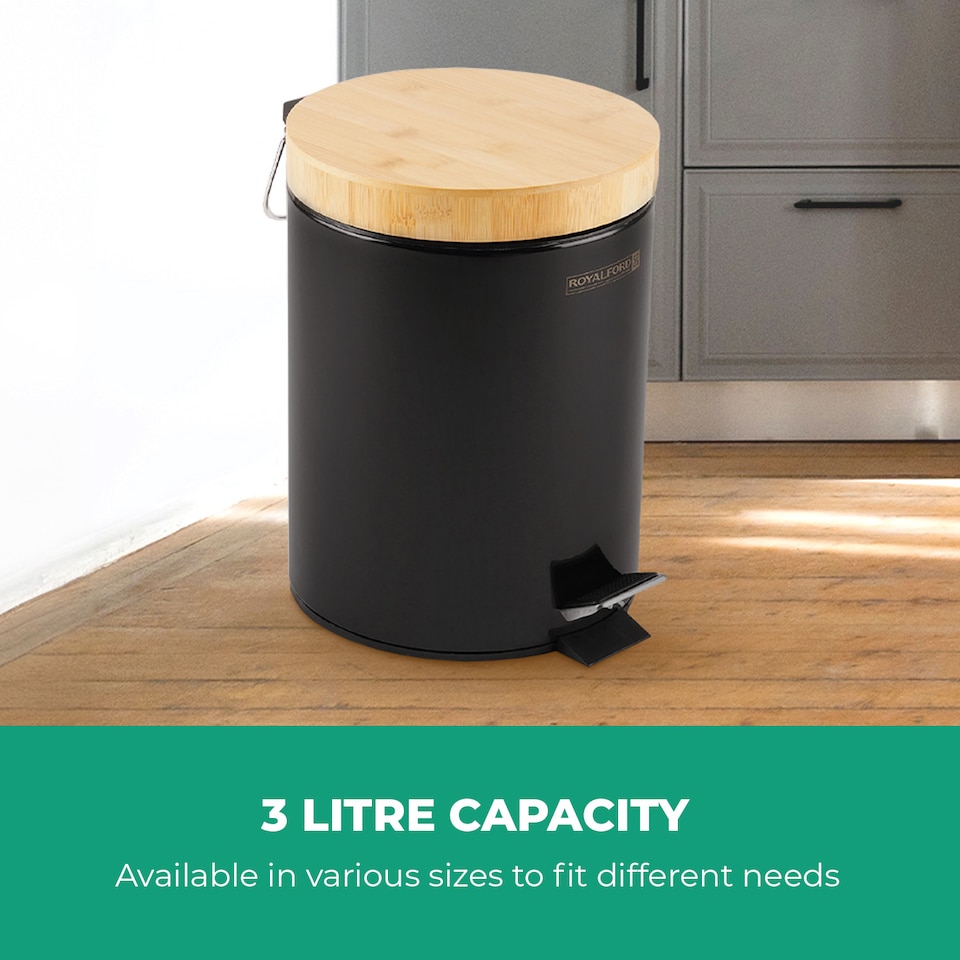 image 1 of Royalford 5L Pedal Bin with Bamboo Lid and Removable Basket