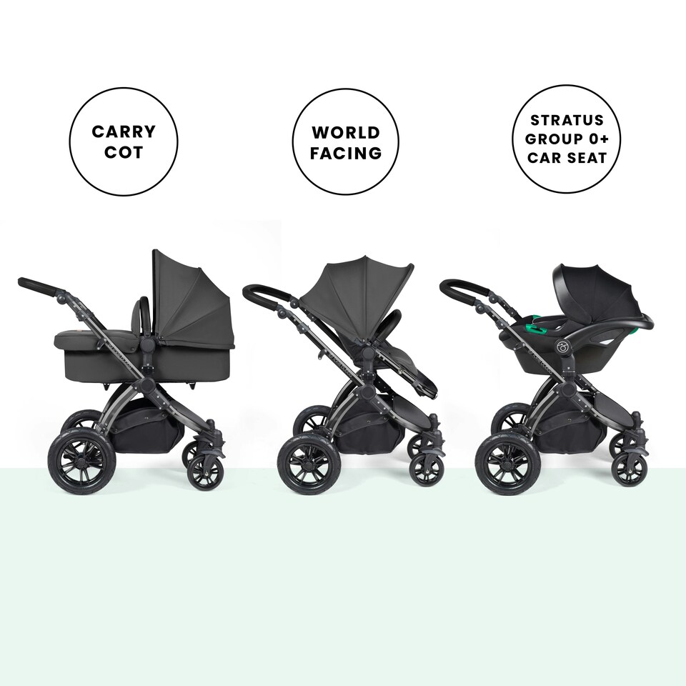 image 1 of Stomp Luxe 12pc Travel System with Stratus i-Size Car Seat & ISOFIX Base, Carrycot, Reversible Seat, Rain Cover & More (Black/Charcoal Grey/Black)